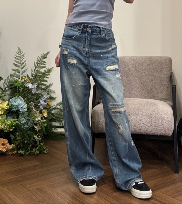 品质款个性破洞磨烂显瘦直筒阔腿牛仔裤#16203
