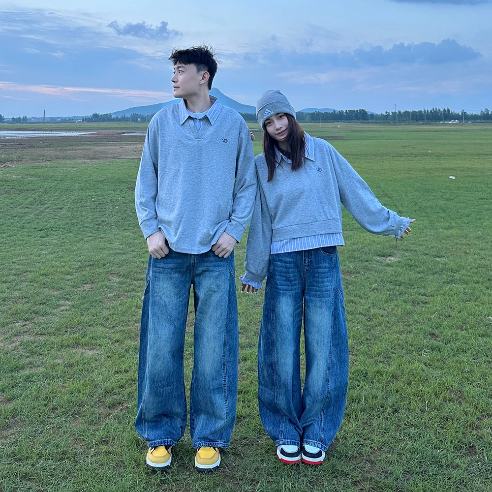 长袖卫衣男假两件情侣爆款拼接条纹体恤翻领慵懒风潮流休闲上衣服