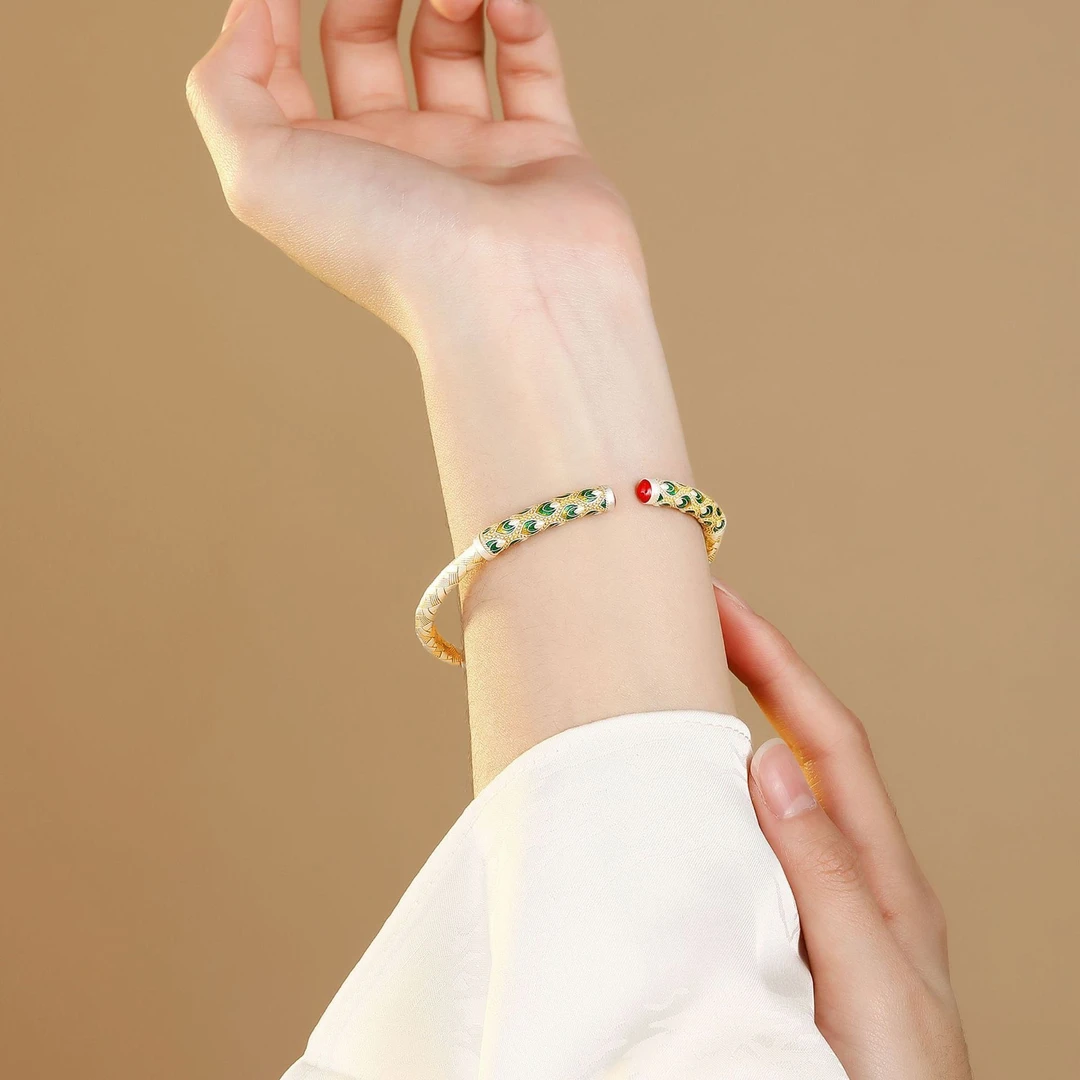 足银手镯 足银999描金珐琅彩孔雀尾银手镯女新中式宫廷轻奢银镯子