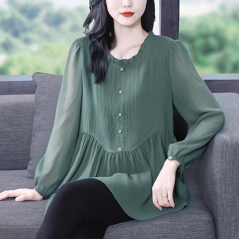 大码女装长袖秋季新款简约气质洋气木耳花边宽松上衣ZB7354长袖