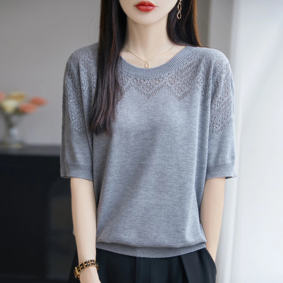 微胖mm夏装大码冰丝针织衫女士短袖t恤宽松遮肚子巨显瘦镂空上衣
