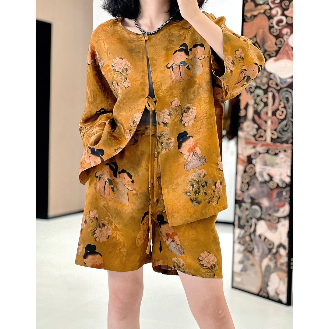 【DY1716】桑蚕丝真丝花萝香云纱100夏季女装上衣短裤套装