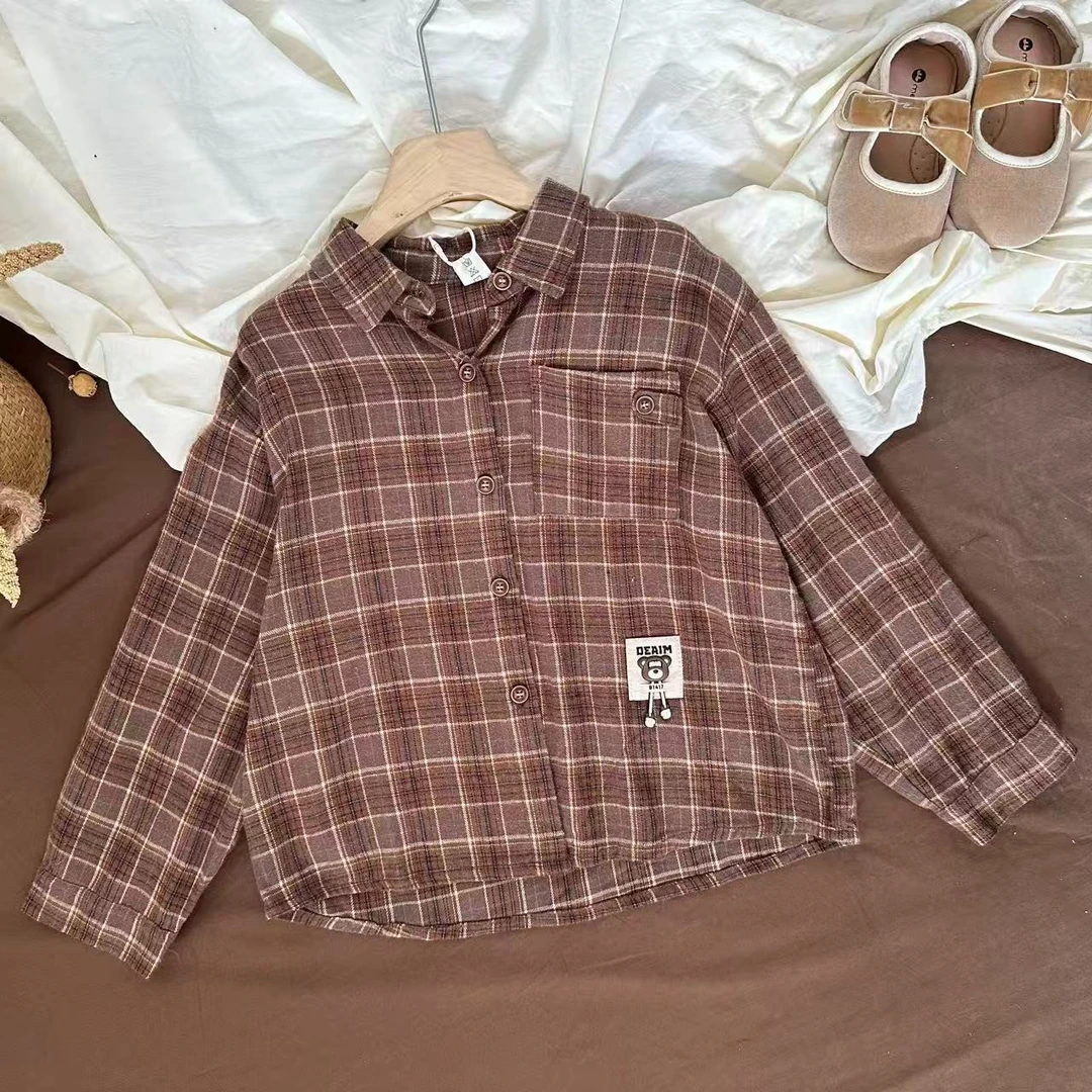 春秋款新款男童口袋格子衬衫时尚百搭纯棉上衣衬衫外套儿童上衣