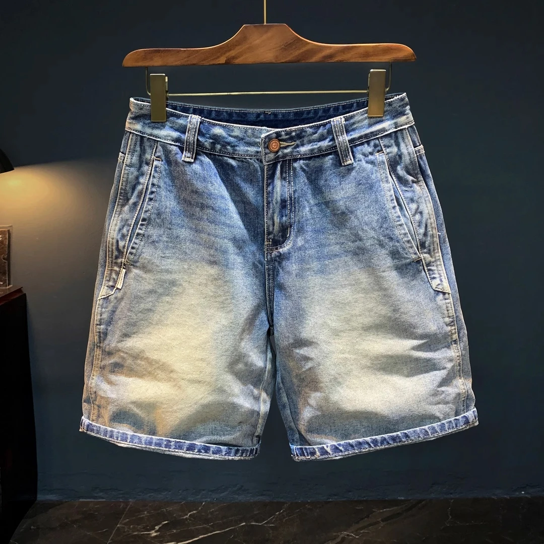 臣吾高端男士牛仔五分裤潮流石磨水洗复古休闲短裤夏季薄款中裤男
