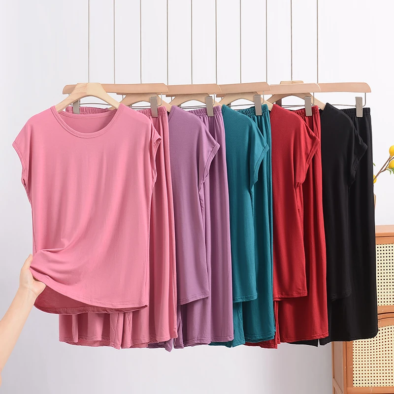 圆领短袖七分裤套装女夏季加大码睡衣外穿打底衫中老年婆婆家居服