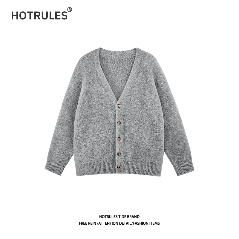 HOTRULES秋冬季韩版纯色针织开衫毛衣男女V领慵懒风宽松外套情侣