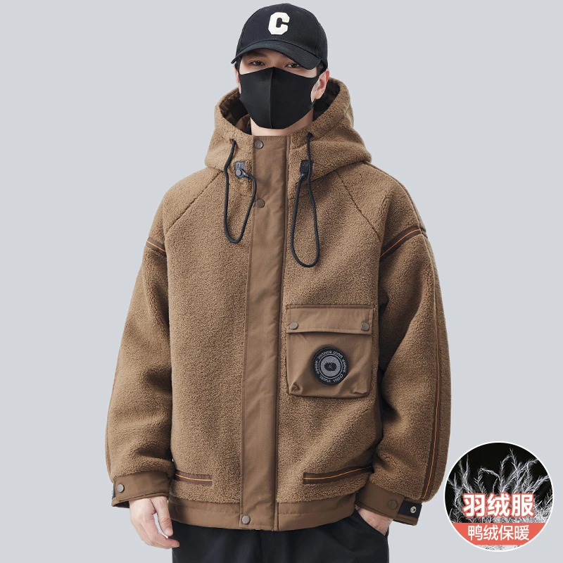 2025新款羊羔毛羽绒服男士秋冬季连帽加厚保暖冬装男款摇粒绒外套