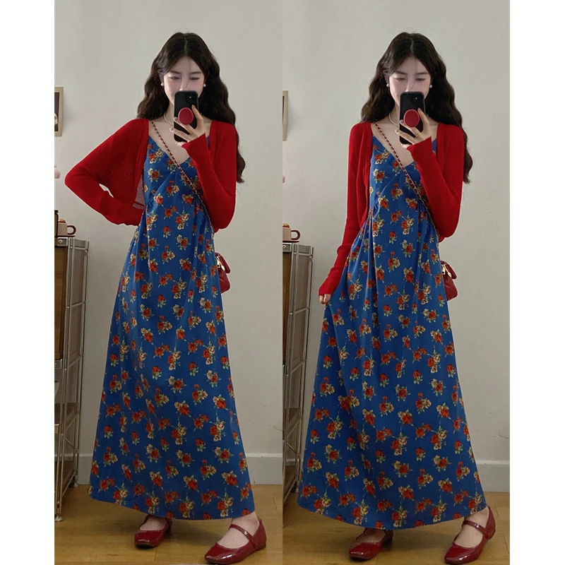 大码夏季新款胖MM防晒针织开衫碎花V领吊带连衣裙洋气法式穿搭仙