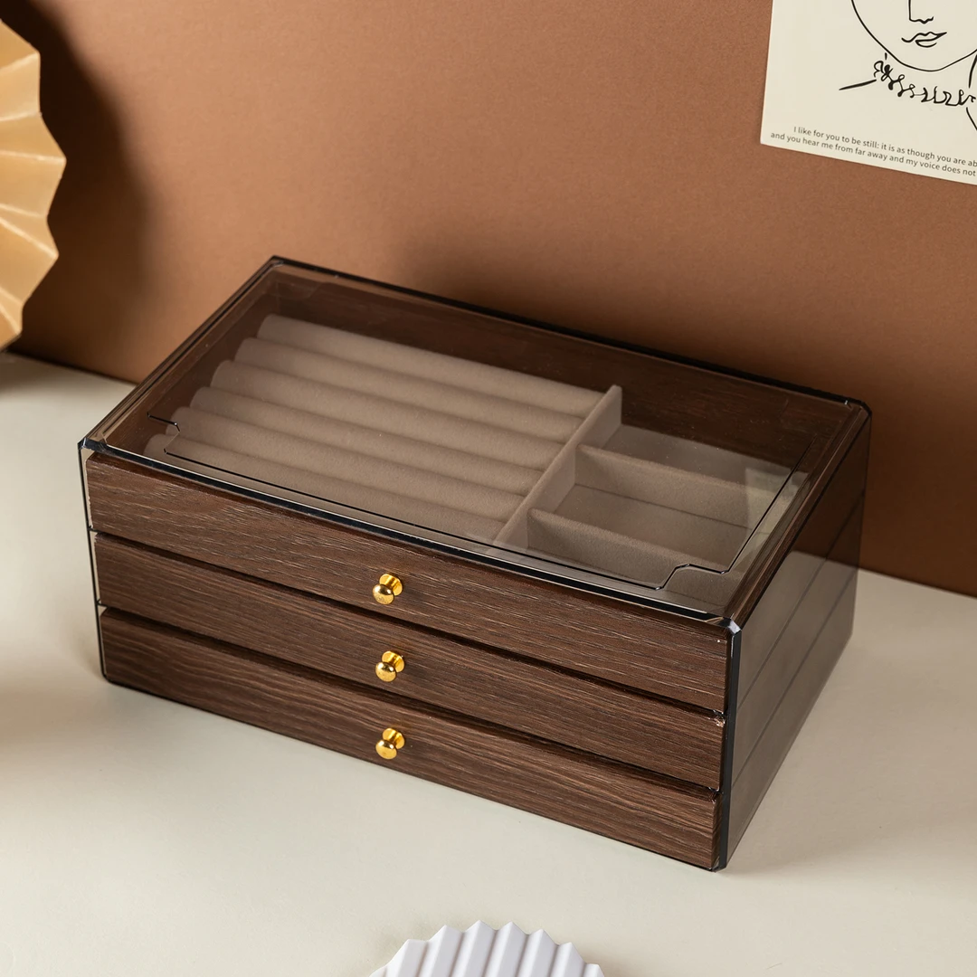 复古胡桃木首饰盒桌面抽屉式耳环耳钉戒指收纳盒高级感黄金珠宝盒