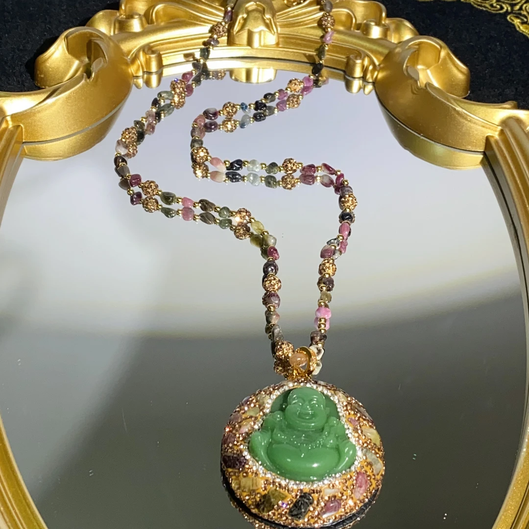 铜合金合成锆石项链 TTSD 绿色佛牌精雕精致国风气质毛衣链6591