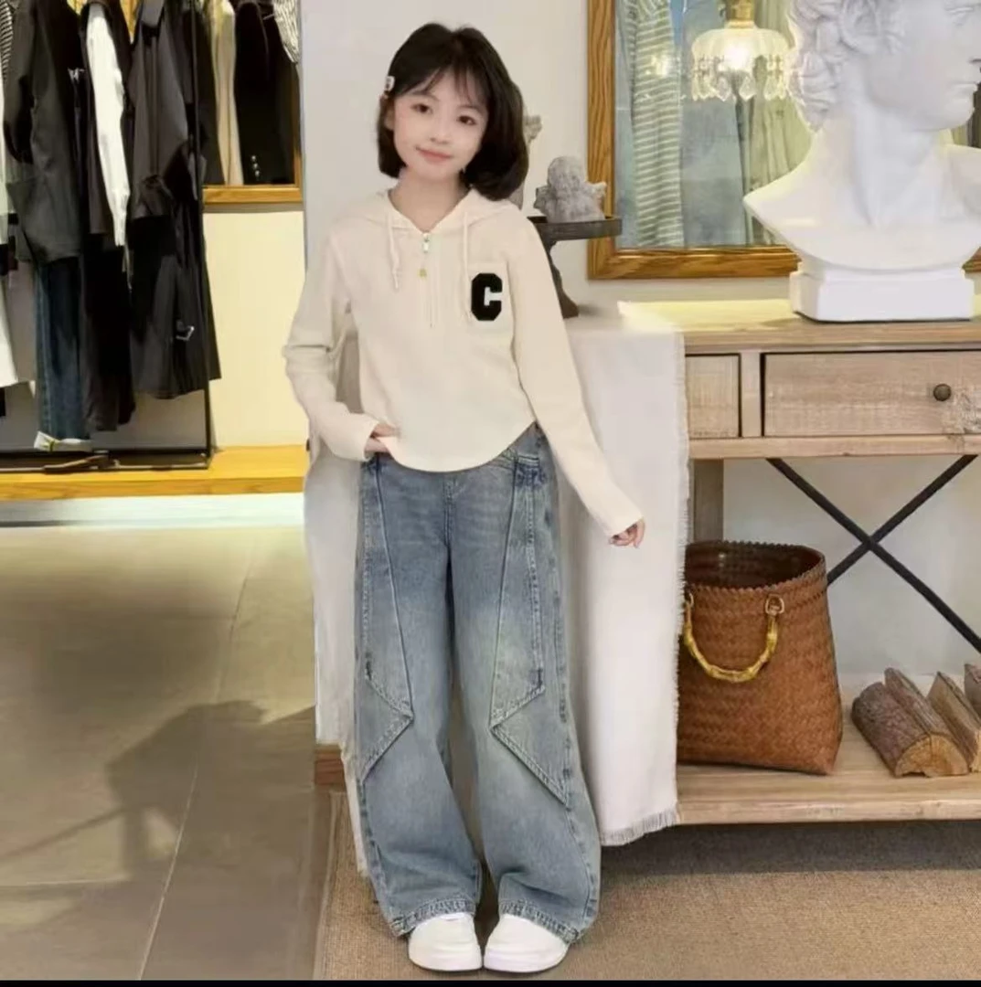 女童春秋套装韩系百搭2025新款中大童女孩连帽卫衣牛仔裤两件套潮