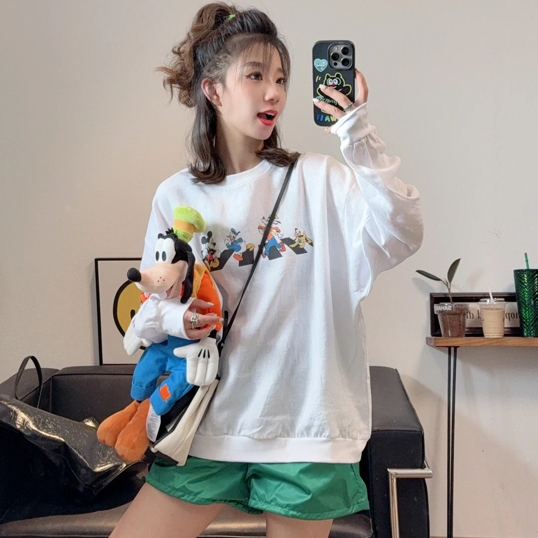 2025夏季新款超洋气亚麻长袖卡通米奇圆领T恤女宽松显瘦高级减龄