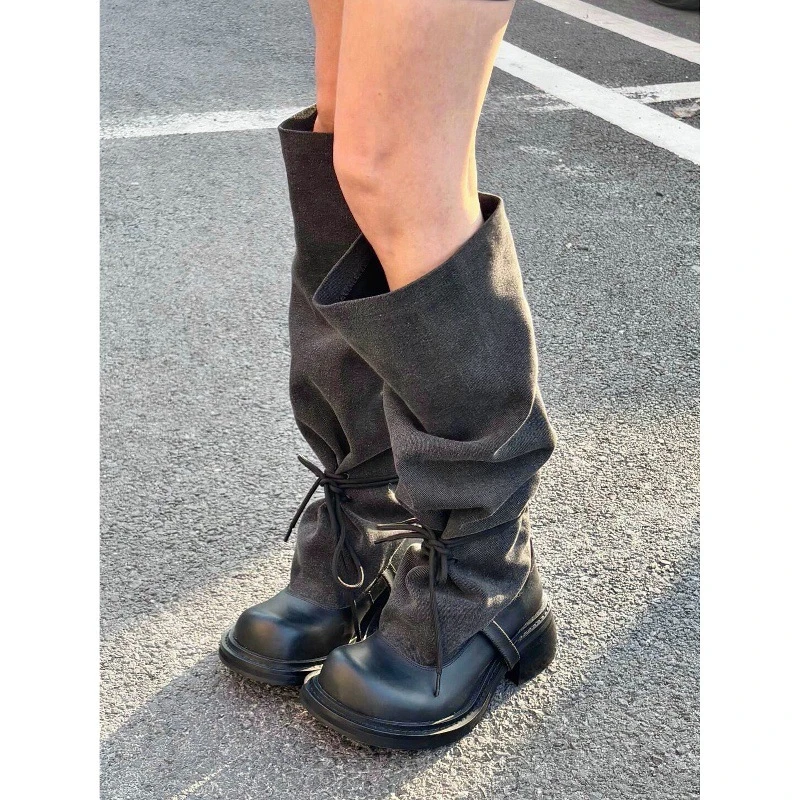 牛皮版~小众设计时髦感长筒靴女复古辣妹堆堆靴子粗跟显瘦骑士靴