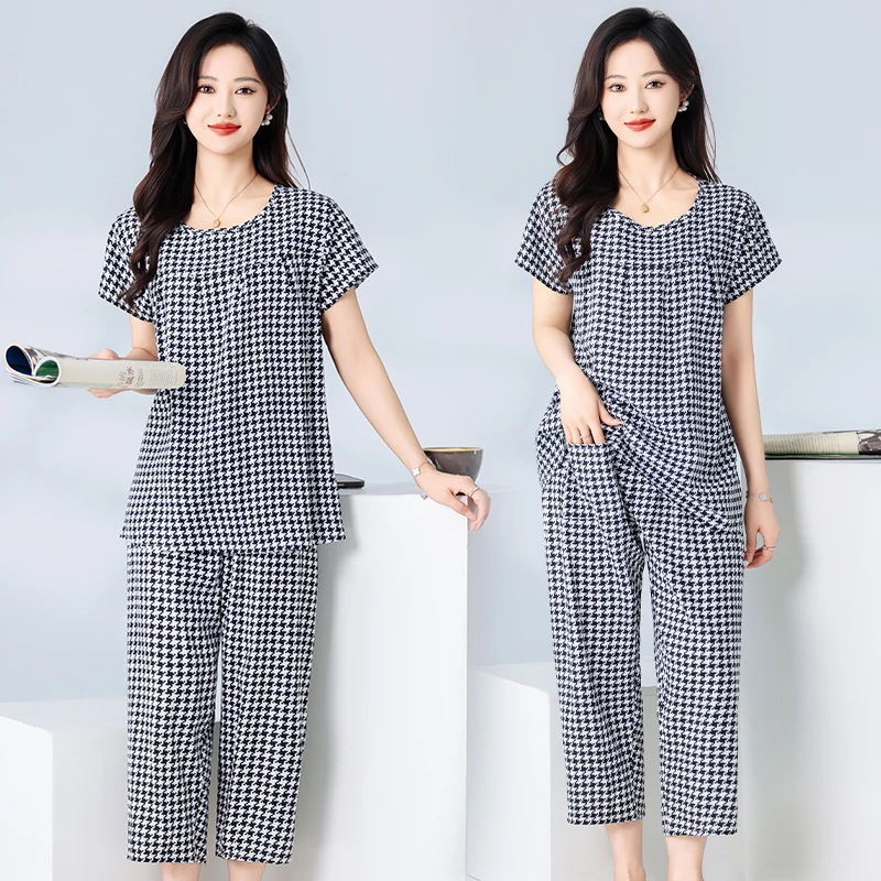 夏季短袖七分袖两件套2025年新款绵绸千鸟格睡衣女套装休闲家居服