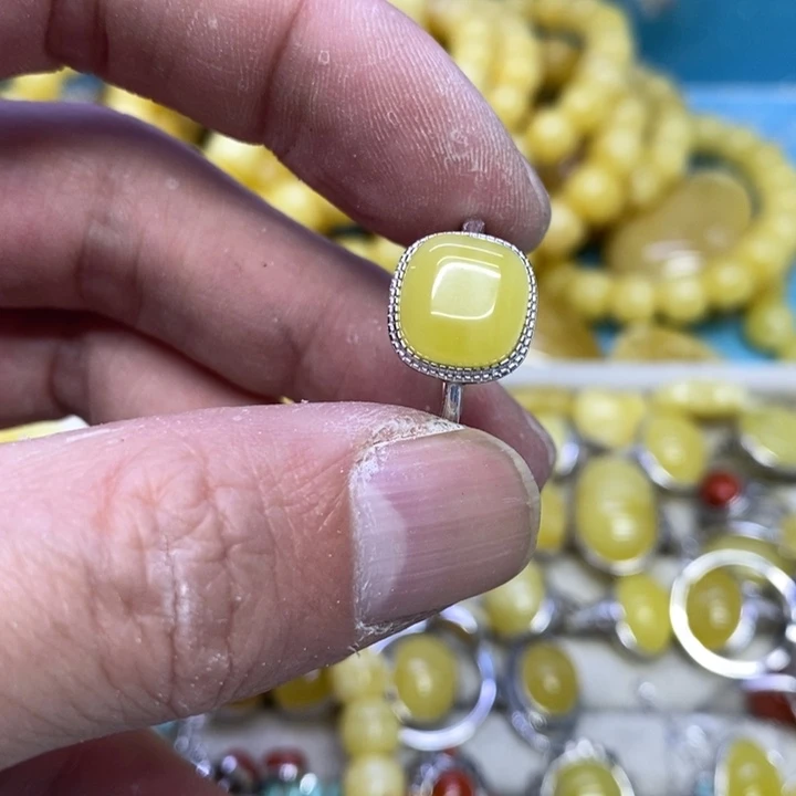 蜜蜡裸石银S925镶嵌戒指