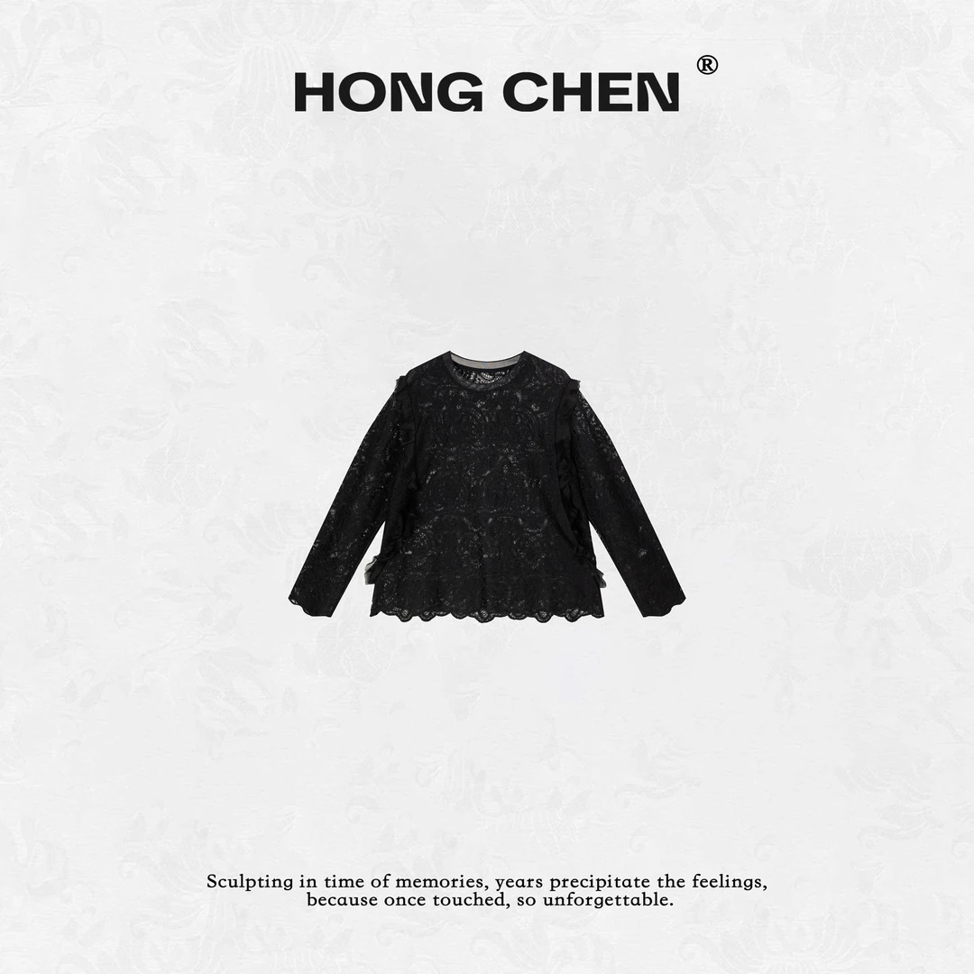 【虹辰·优雅蕾丝】高端时尚别致荷叶镂空高级感气质蕾丝上衣-HC2705