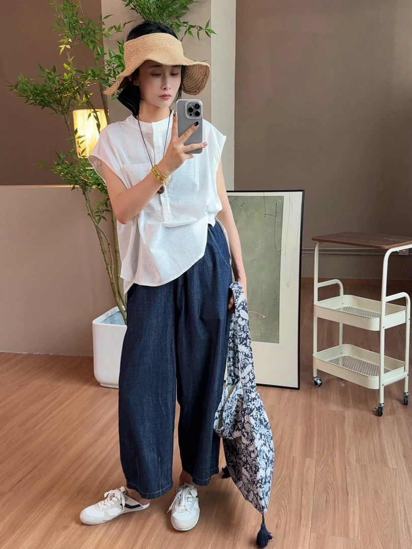 HUI - 【钟情】6319  棉麻圆领无袖慵懒风衬衫