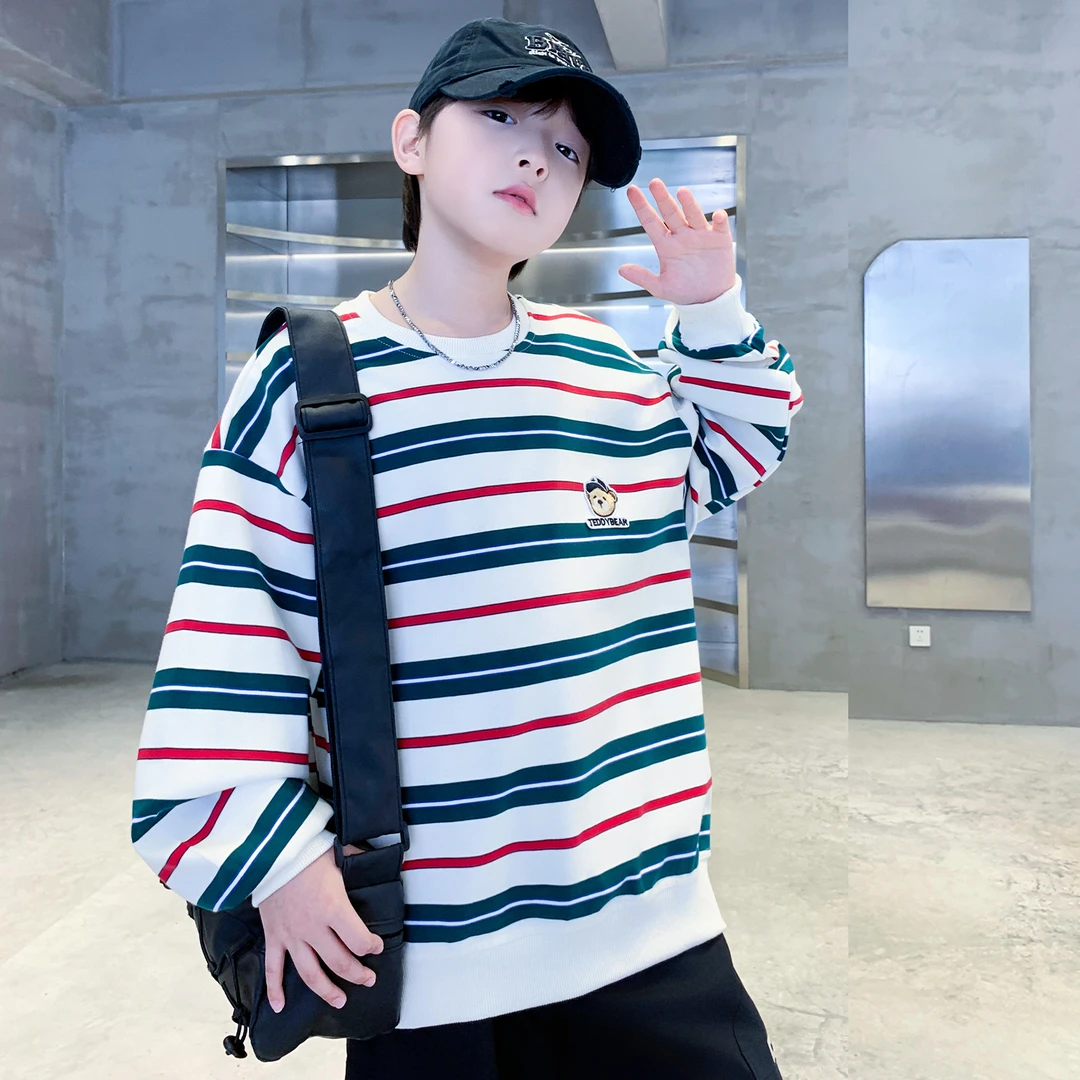 男童贴标小熊条纹卫衣春秋款2025新款儿童休闲百搭打底上衣中大童