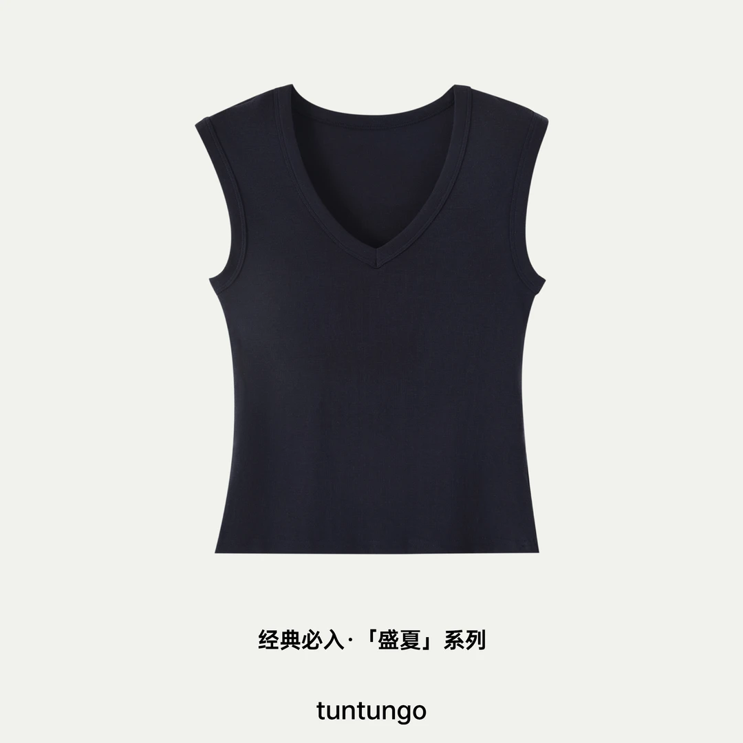 【坨坨耶】深海秘境 藏蓝色莱赛尔V领微收腰T恤上衣