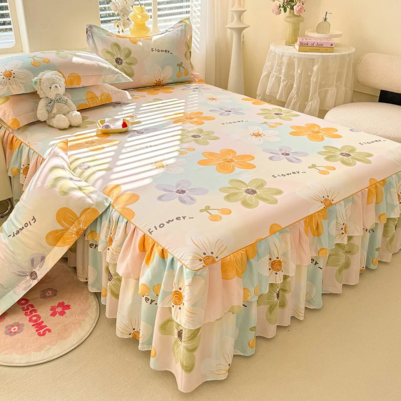 韩版新款ins床裙式床罩单件夏季遮丑防滑纯棉全棉三件套床单床笠3