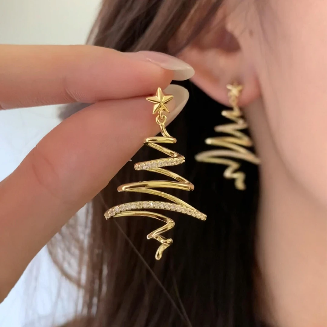 铜合金耳饰 金色圣诞树耳钉女轻奢小众高级感圣诞节氛围耳饰耳环