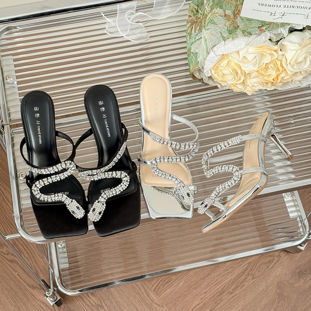 蛇形水钻夏季拖鞋女款外穿时尚款一字带高跟凉鞋拖鞋女高级感细跟