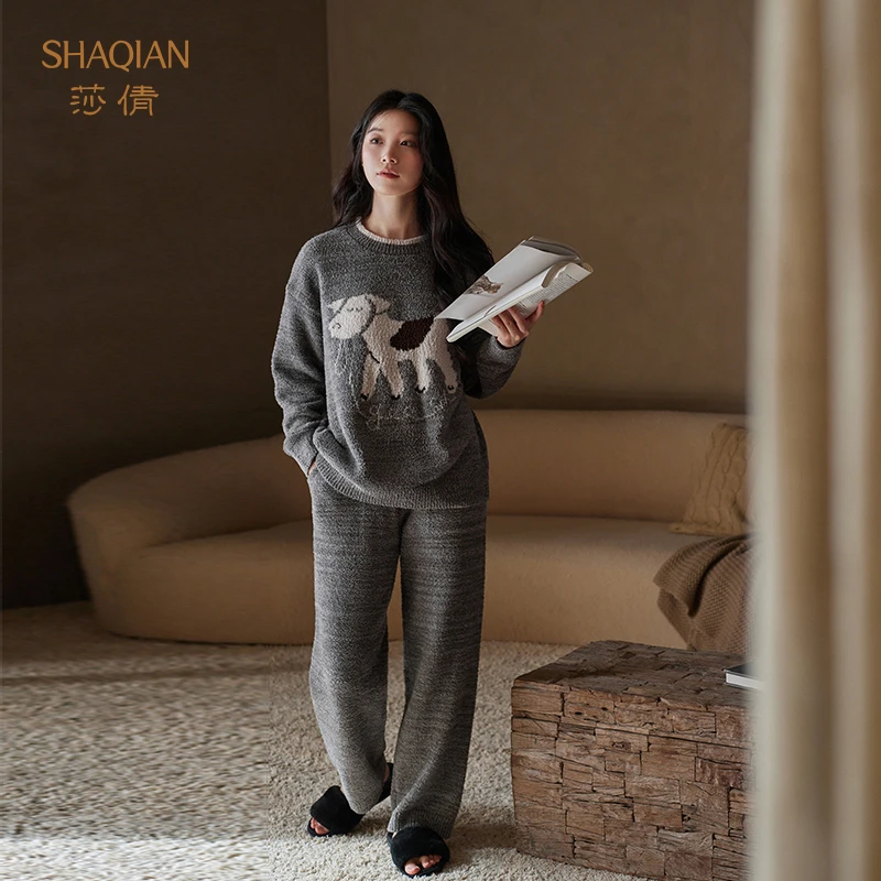 莎倩秋冬季新款保暖睡衣女加厚半边绒家居服2025年珊瑚绒外穿套装