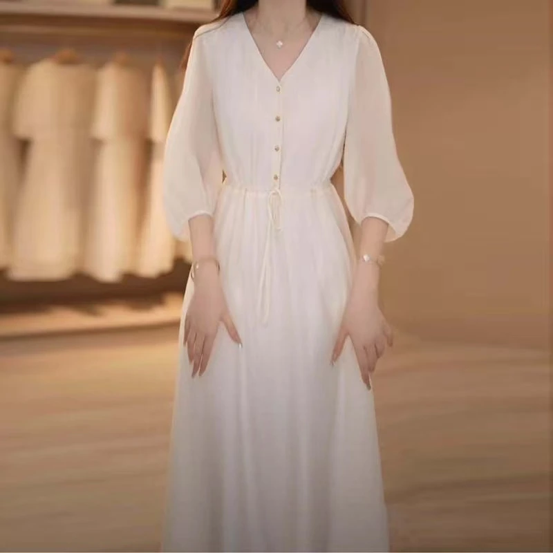 高级法式连衣裙2025夏季新款宽松显瘦遮肚子收腰气质过膝长裙A535