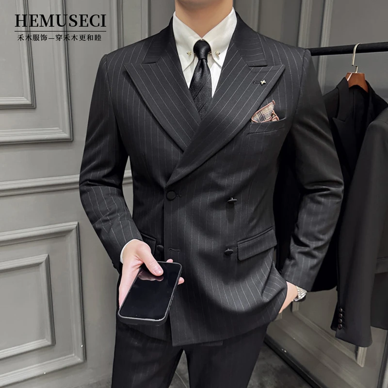高档韩版秋冬男厚款条纹大戗驳领双排扣西服职业腰围绅士潮流西装