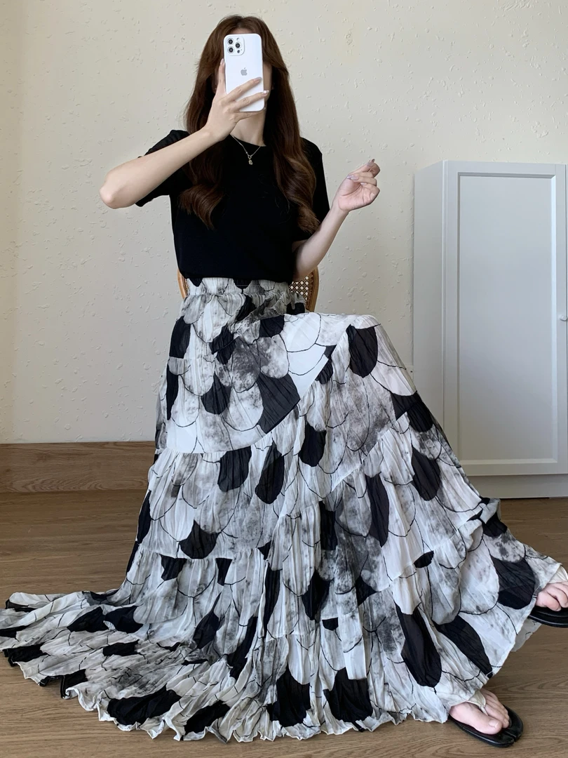 2025夏季新款大裙摆有口袋碎花半身裙复古高腰显瘦长裙