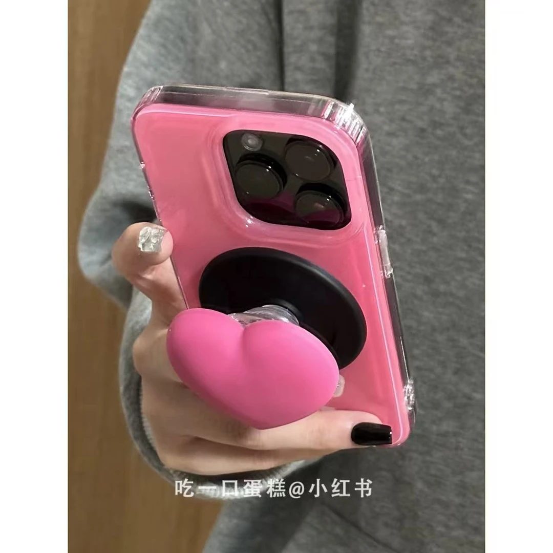 玫粉底纯色英文粉爱心支架适用苹果16promax手机iphone151413磁吸