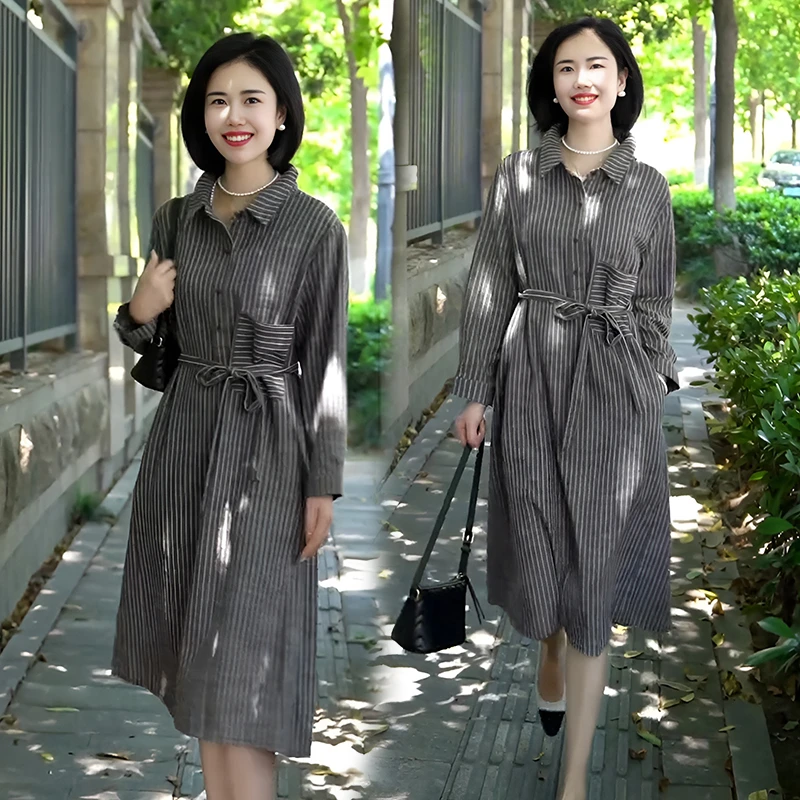 条纹衬衫连衣裙女春秋2025新款大码宽松遮肚显瘦气质复古休闲裙子