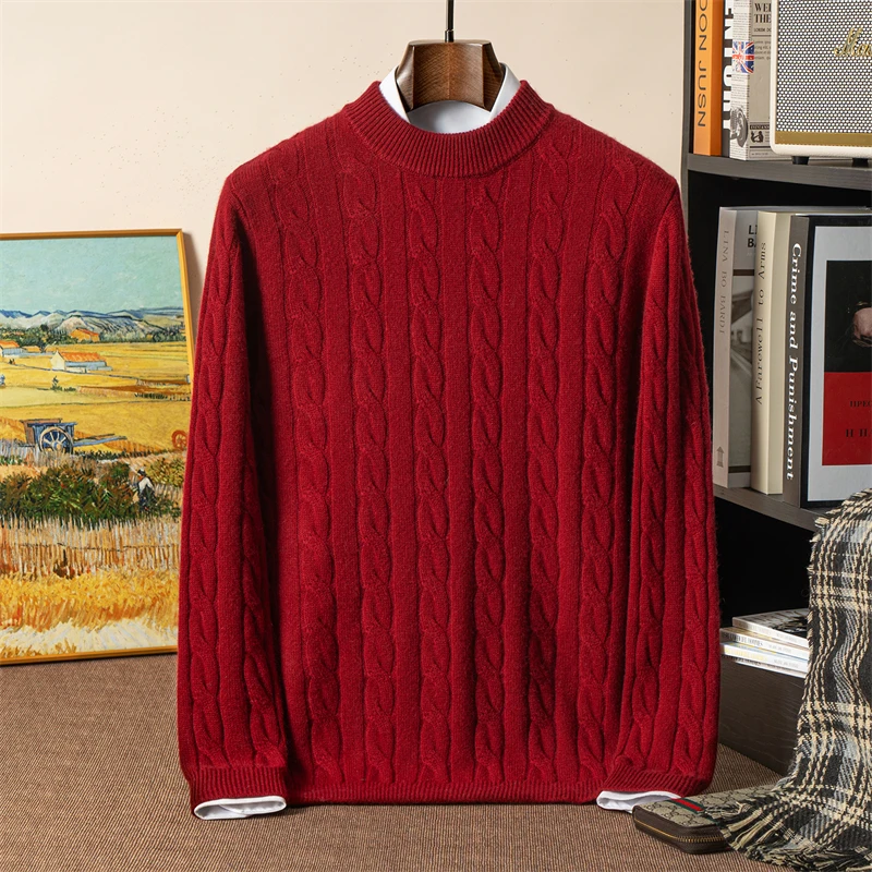XW-24046男士圆领双股加厚大麻花羊绒衫冬季保暖针织打底毛衣