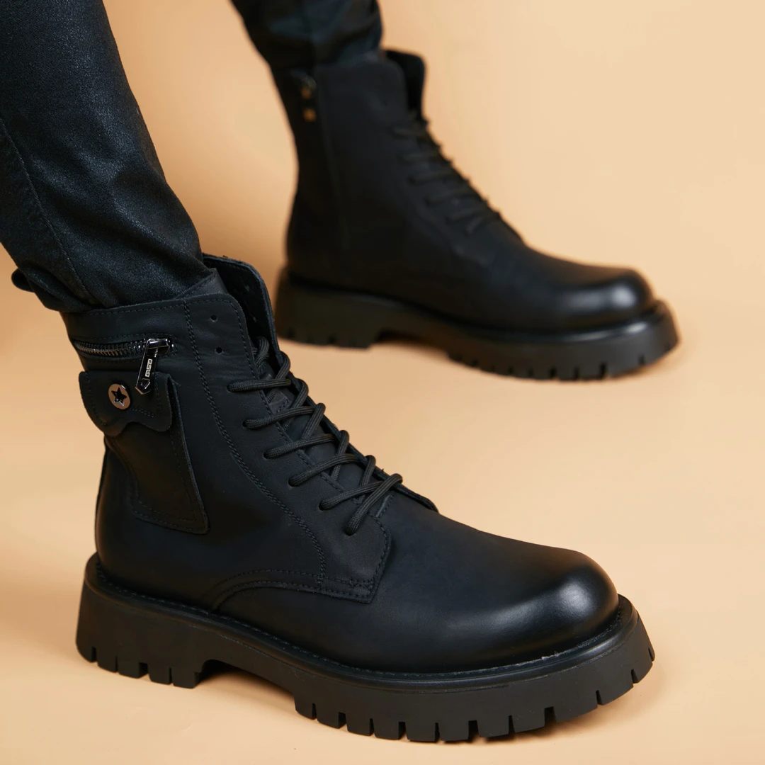 EAEOVNI新款靴男英伦高帮皮鞋百搭休闲厚底内增高工装机车靴