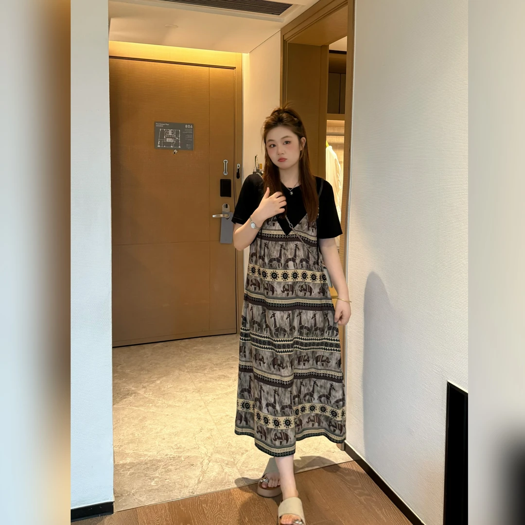 楠序【西西里夏夜】源子微胖女装 复古印花假两件法式连衣裙YZ36661