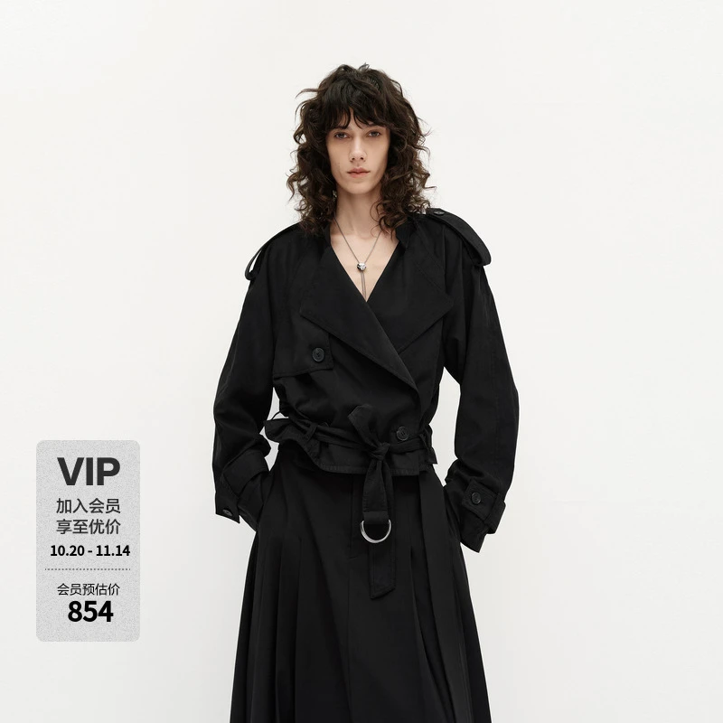 MOCO夹克2025春新品附肩袢腰带斜裁短款风衣休闲外套MBE1JKTT12