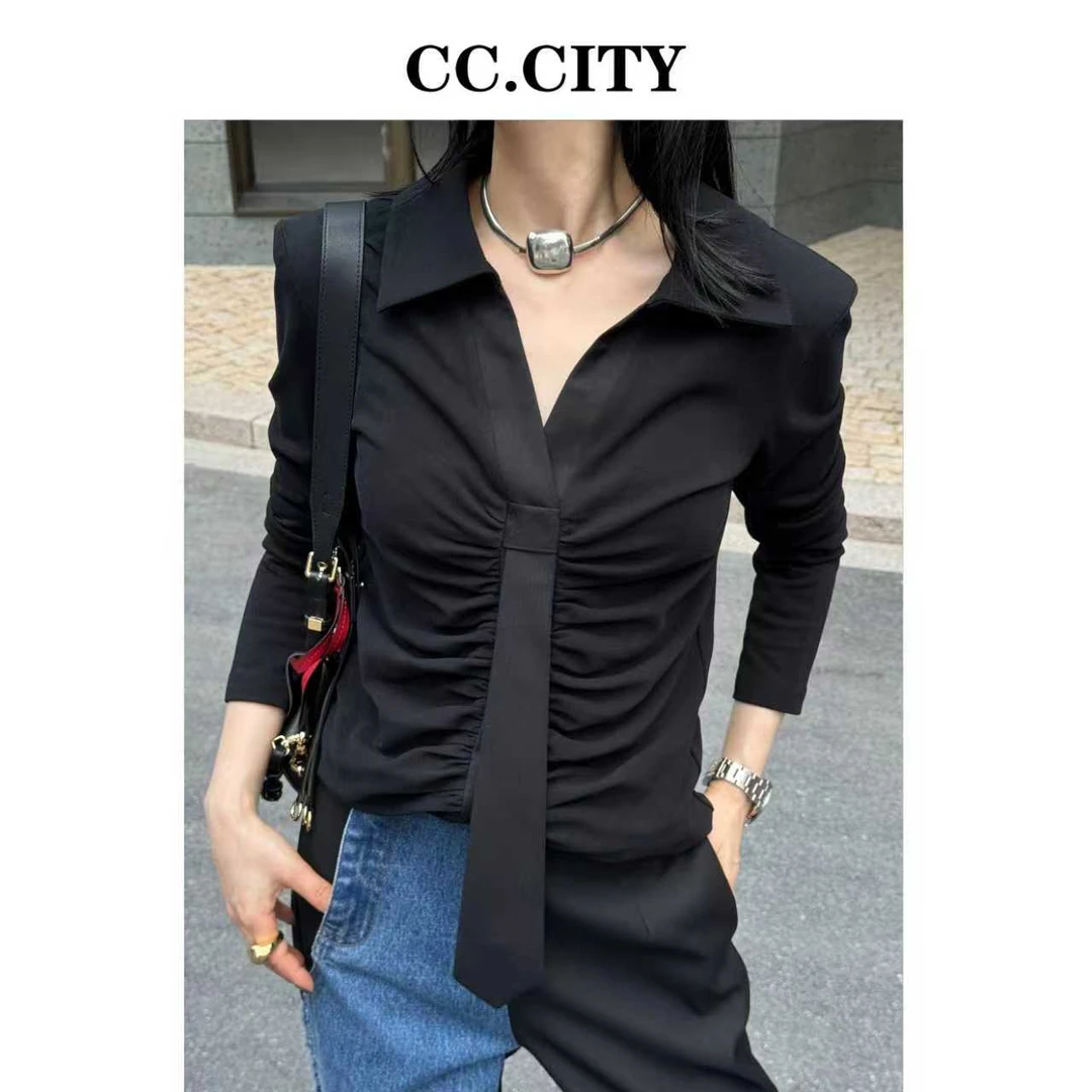 【蔡丽丽&添羽】时尚洋气个性显瘦领带polo 上衣6x1205