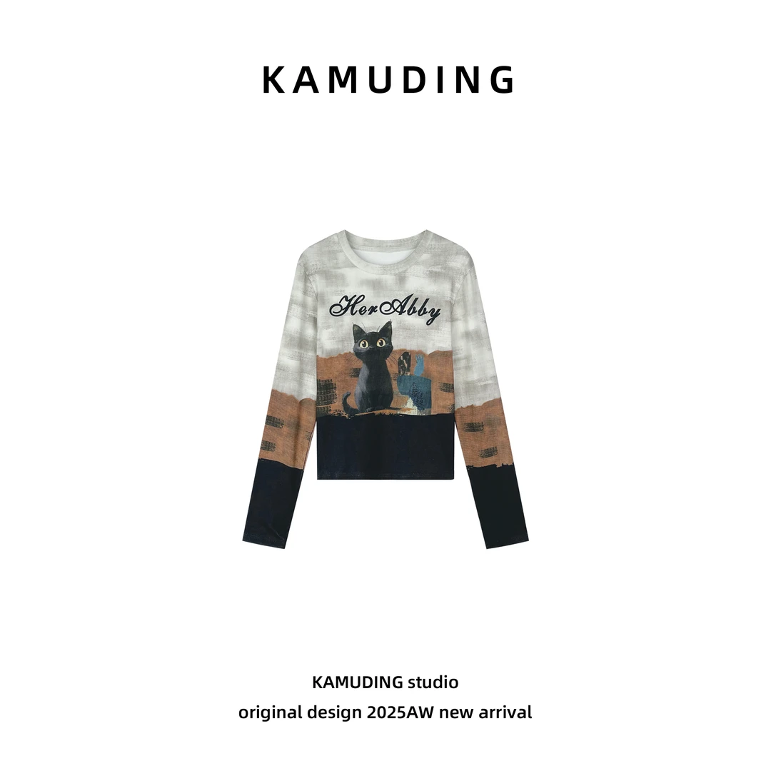 KAMUDING2025新款Y51小猫数码印花时尚长袖上衣25139