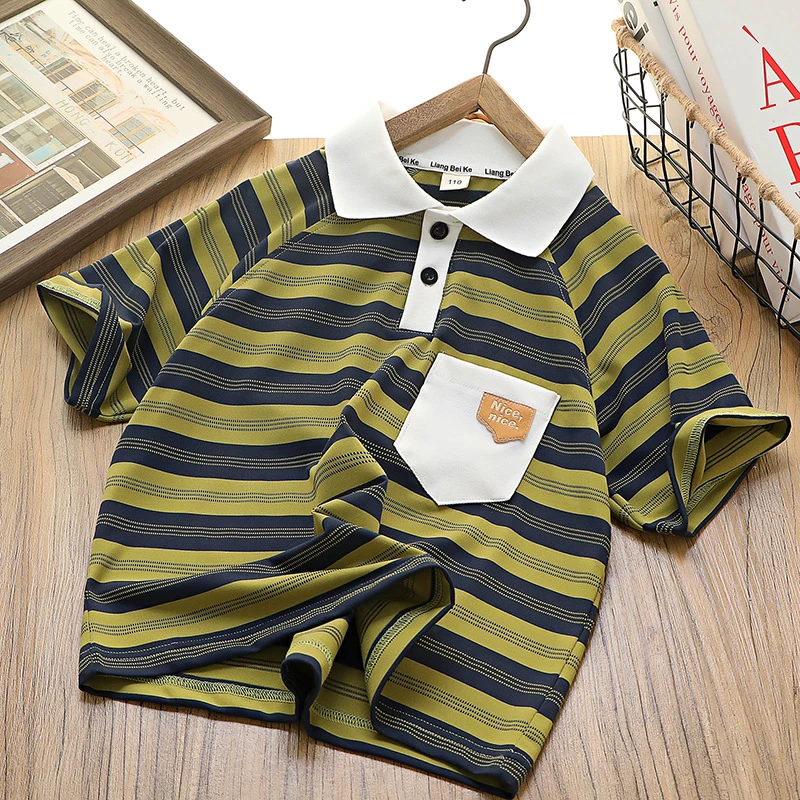 男童夏季短袖T恤2025新款时尚条纹翻领汗衫韩版中大童插肩袖上衣t