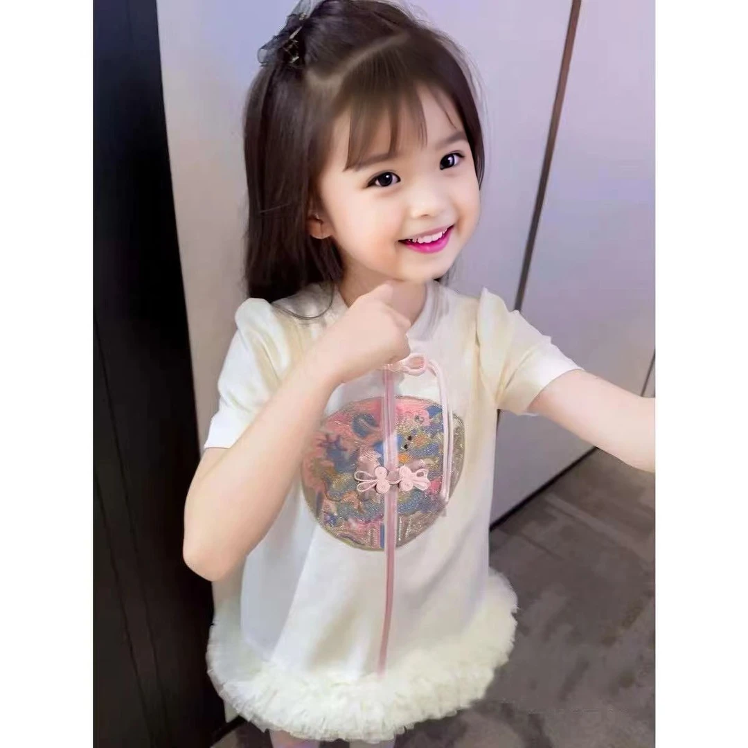 【亲子款】女童夏季新款连衣裙女宝宝休闲百搭蓬蓬边新中式短袖裙