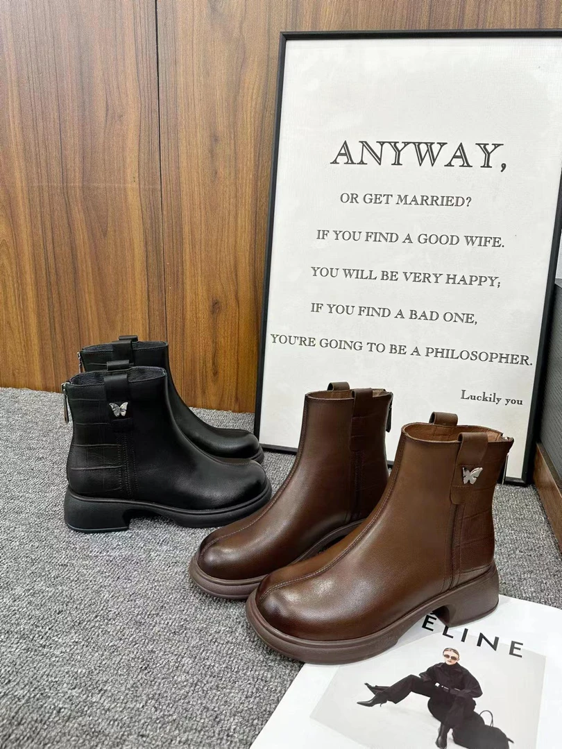 （苏西）2025新款真皮时尚软底加绒皮鞋秋冬季切尔西靴子1600