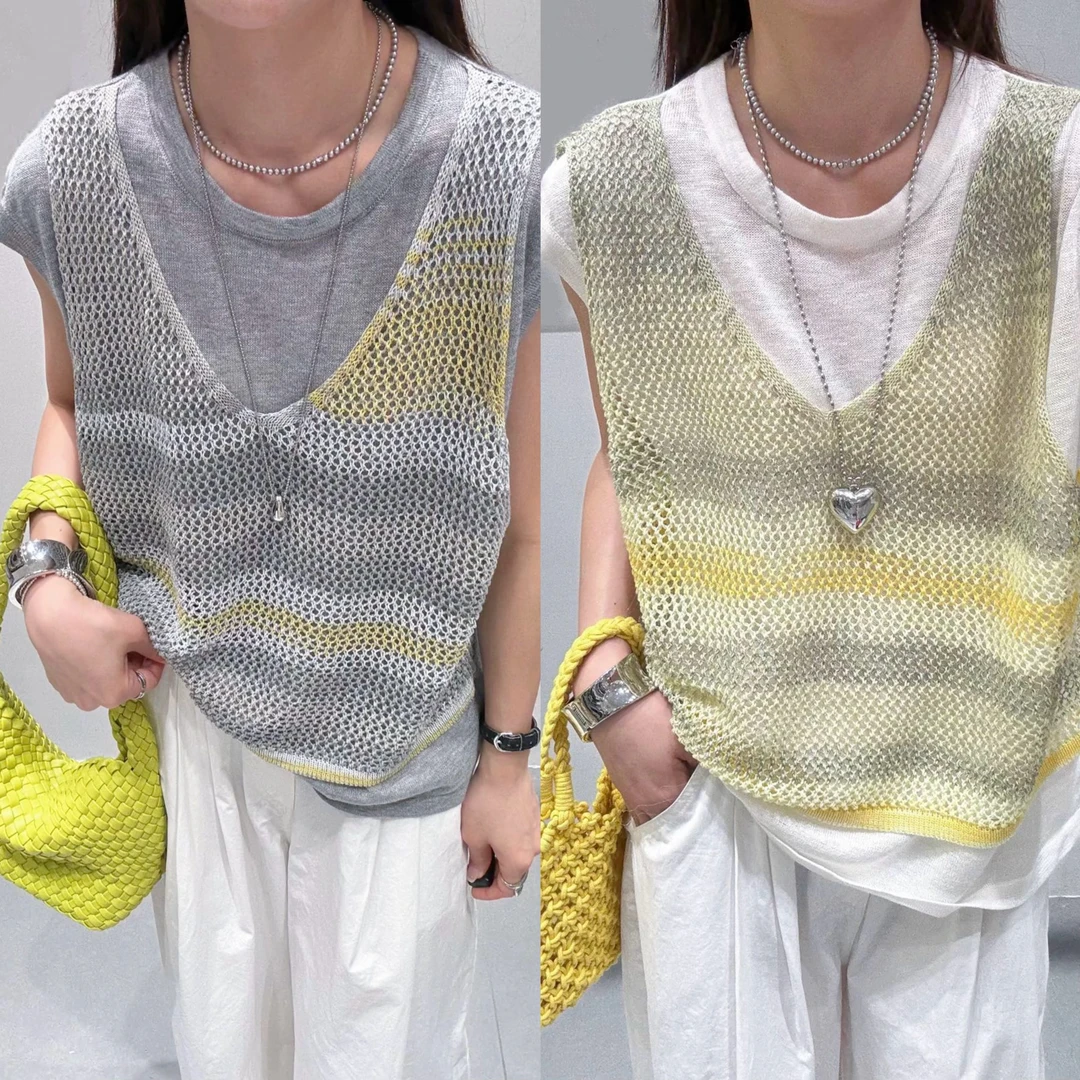 休闲风圆领镂空拼接短袖渐变T恤宽松条纹失序混搭风