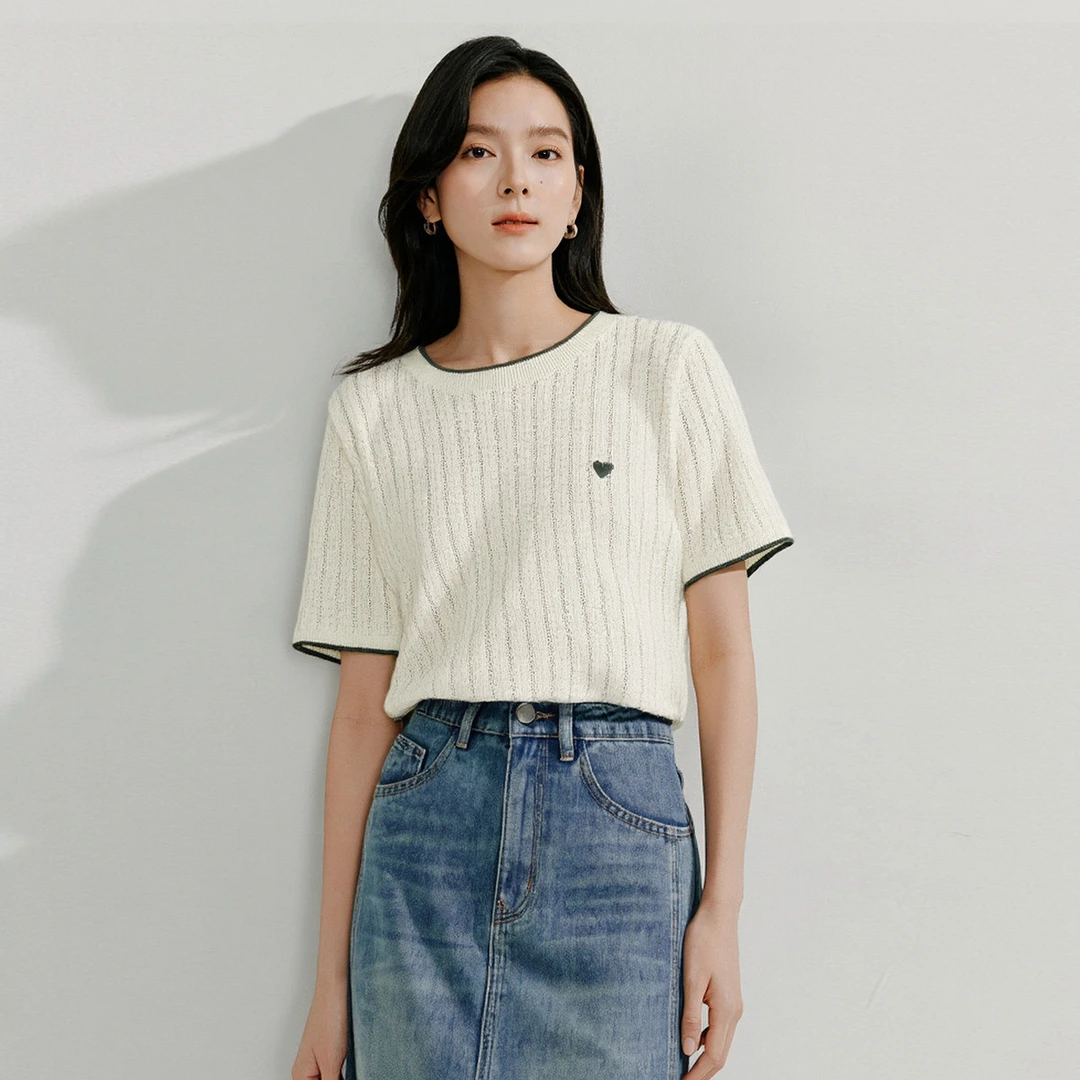 茵曼夏季薄款短袖针织衫女时尚百搭撞色圆领套头上衣潮流休闲服