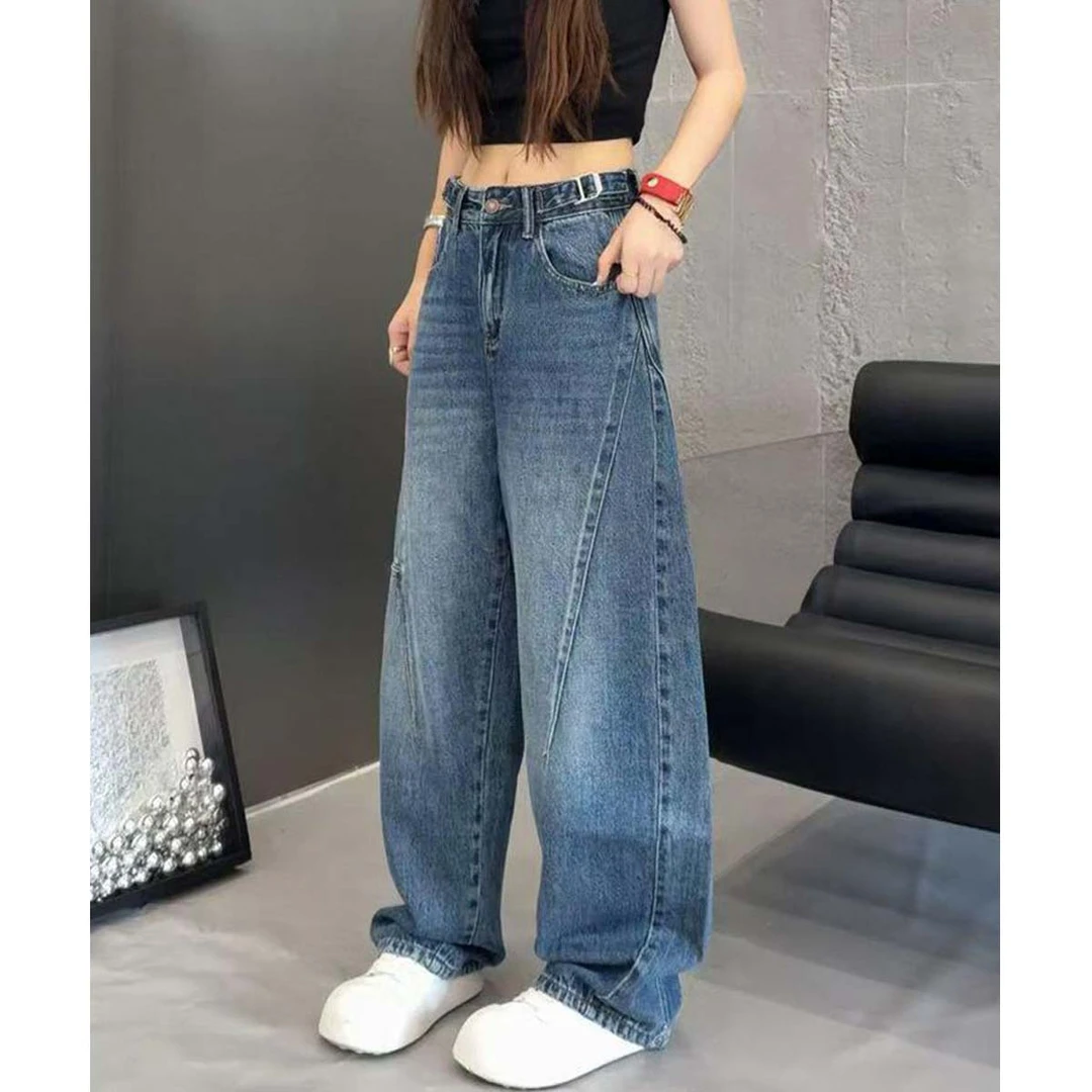大码阔腿牛仔裤女2025新款早秋高腰胖mm显瘦宽松美式老爹直筒裤子