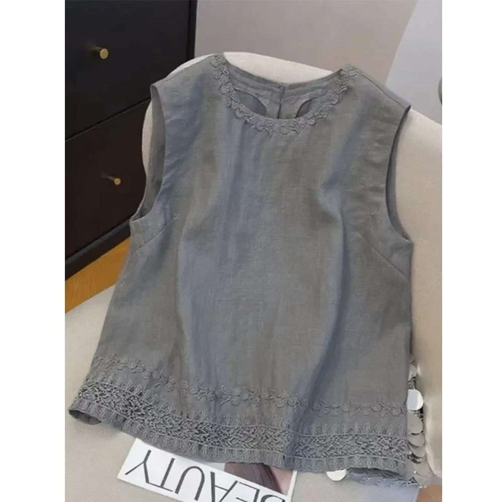 灰色花边绝美刺绣无袖背心女2025夏季宽松圆领气质坎肩女装上