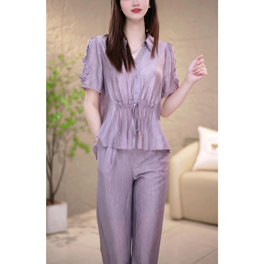 2025年夏季新款洋气设计感宽松遮肚显瘦短袖上衣阔腿裤两件套装女