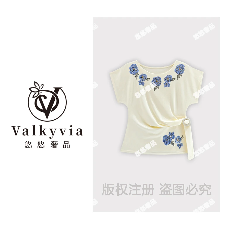 【Valkyvia/悠悠奢品】重工烫钻玫瑰花时尚T恤T7113