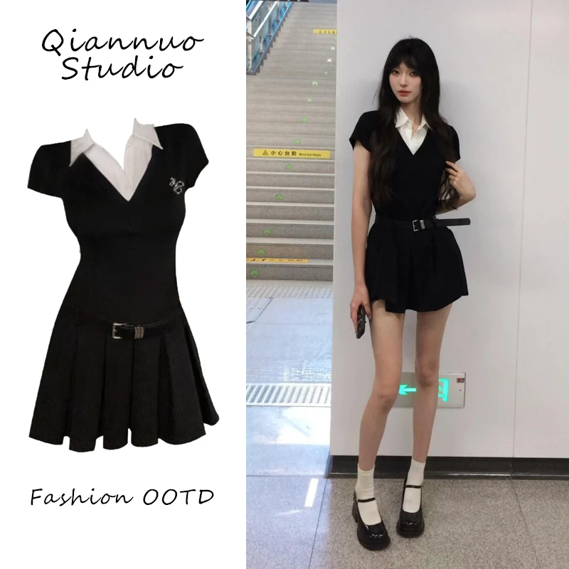 纯欲黑色假两件短袖连衣裙女夏季收腰薄款设计感甜辣妹百褶a字裙