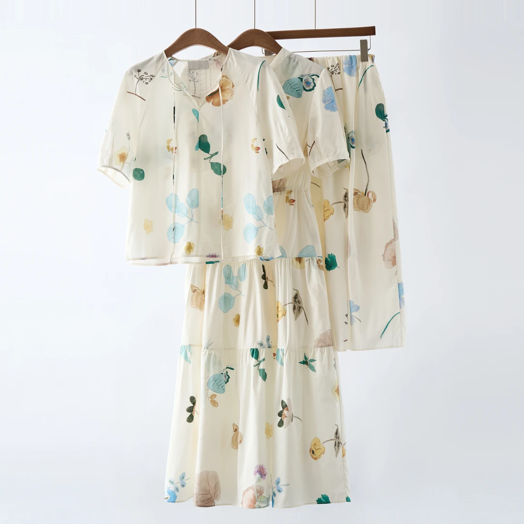 【YS11476】25夏新桑蚕丝棉混纺水彩花卉印花上衣+半身裙+连衣裙