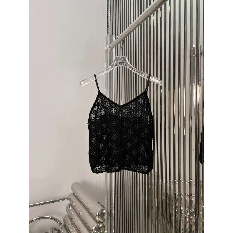 镂空十字提花背心 重工暗纹黑丝绒吊带